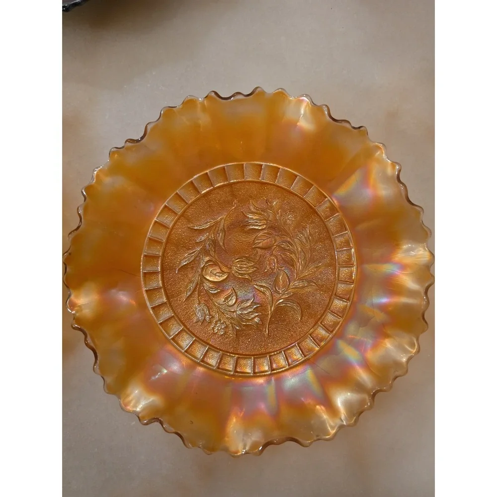 Vintage Carnival Glass Marigold Orange Iridescent Rose Plate and Ruffled Bowl